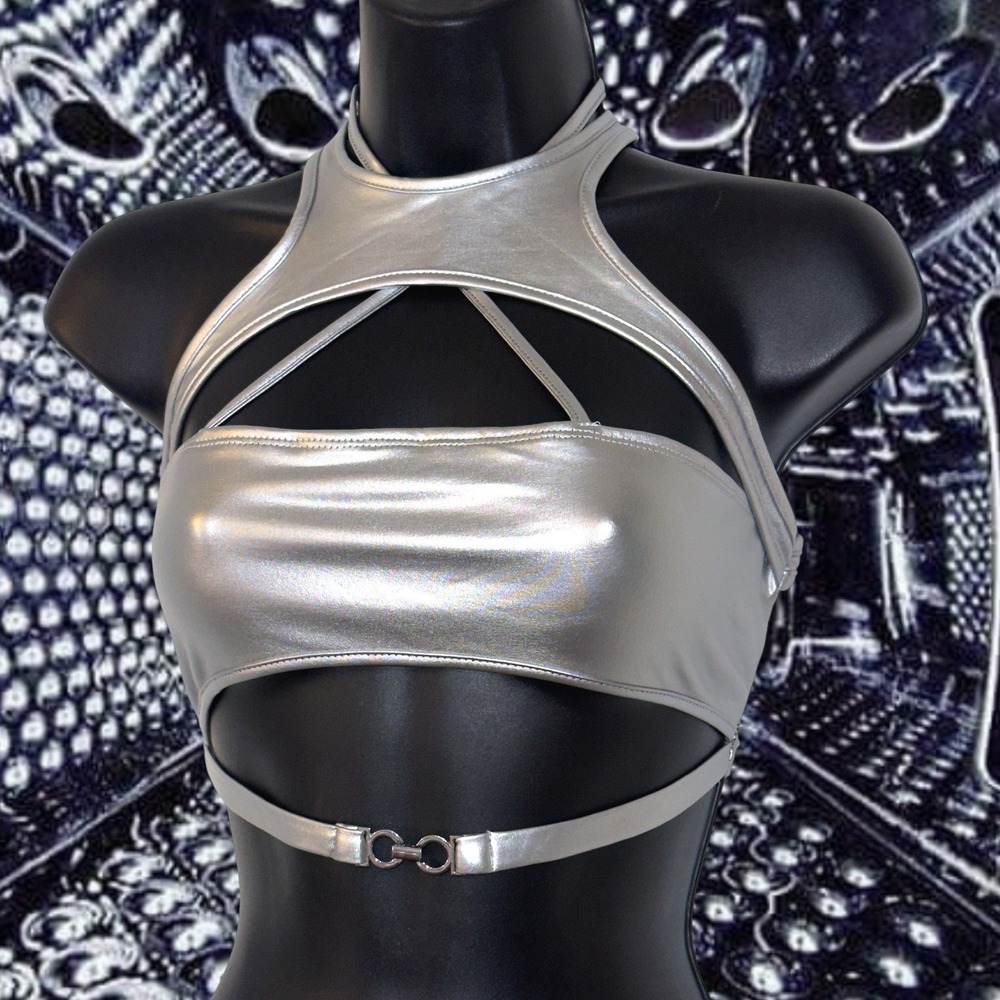 New Medium‎ Silver Metallic Cutout Halter Crop Top Rave Festival Bralette Y2k